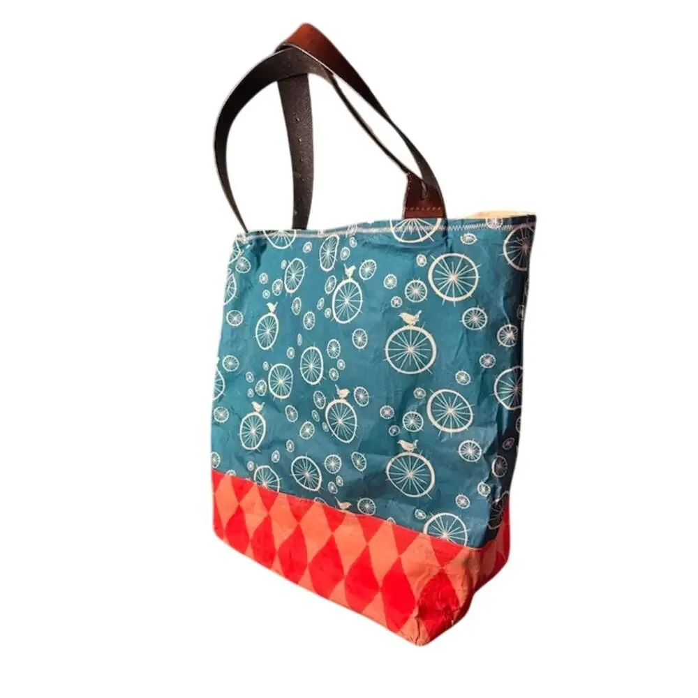 Duncan's Family Jewels Waxed Canvas Tote Bag Bicycle Print Leather Handles Purse